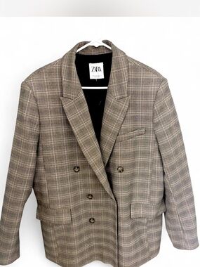 Zara Plaid Blazer Neutral Check Oversized Fit